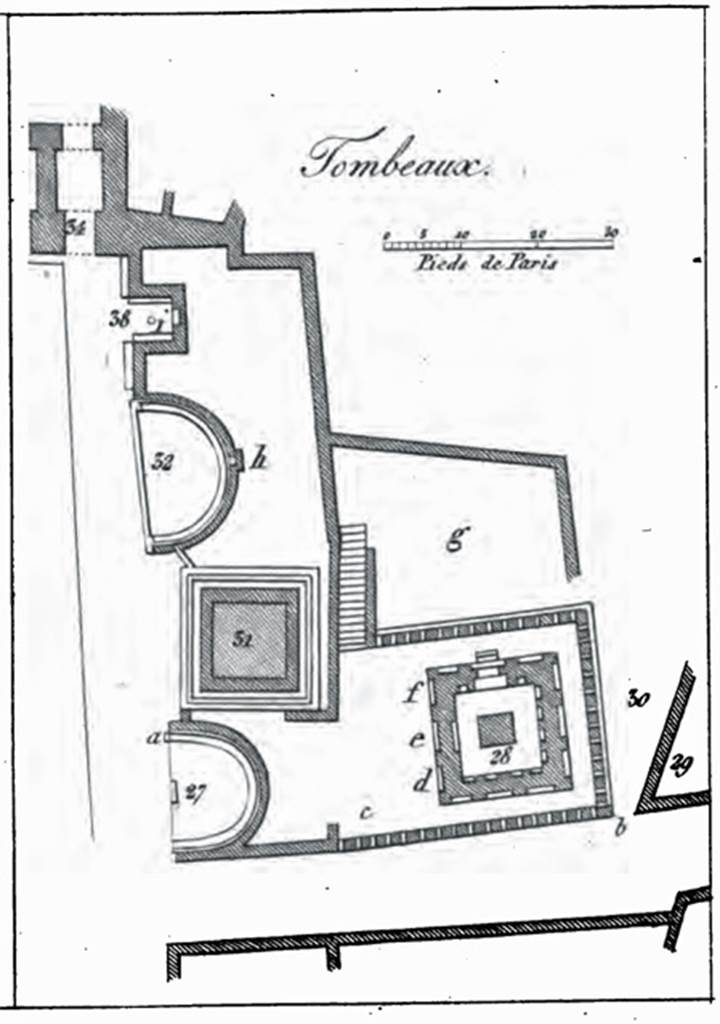 HGW04b Pompeii. 1836 plan showing the grave enclosure as g. See De Jorio, A., 1836. Guida di Pompei.  Napoli: Fibreno. (Pl. 2).
