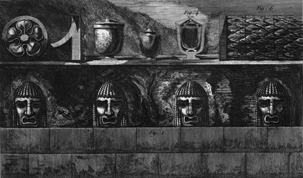 HGW04c Pompeii. 1804 drawing of the four masks and diverse objects found in the tomb of Mamia. See Piranesi, F, 1804. Antiquites de la Grande Grece: Tome 2. Paris: Piranesi and Le Blanc. (pl. 39).