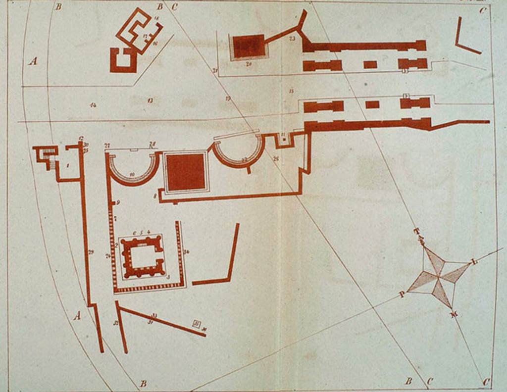 HGW04e/f Pompeii. Plan by F. La Vega of area outside Porta Ercolano. 
See Fiorelli G., 1860. Pompeianarum antiquitatum historia, Vol. 1: 1748 - 1818, Naples, Tab. III.
The exact location of these graves seems uncertain.
According to Kockel 
Mommsen in CIL X placed them next to HGW04a.
Mau states they were found in a plot connected with that of the Istacidii at the rear.
La Vega does not mention them at all in his comprehensive notes in PAH and they are not on his plan of the graves in Tab III.
Kockel suggests they did not lie next to HGW04a as their funeral forms differed from each other.
They may possibly have been on the Via Pomeriale where it is also possible that they could already see wall remains.
No positive location is given.
See Kockel V., 1983. Die Grabbauten vor dem Herkulaner Tor in Pompeji. Mainz: von Zabern. (p. 70).
