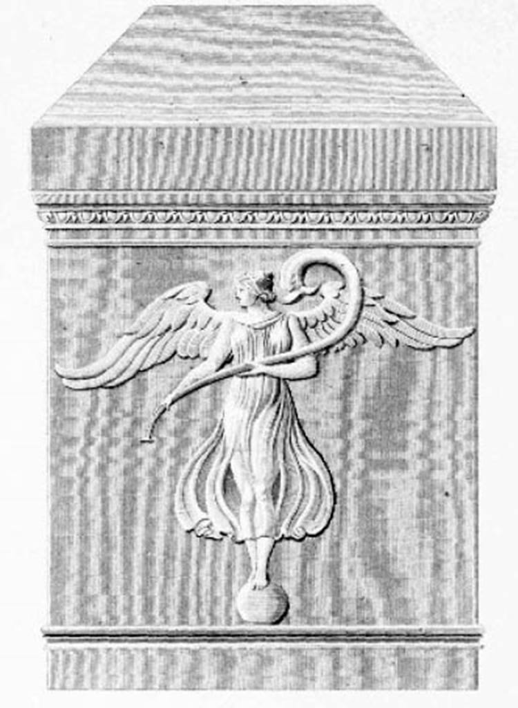 HGW20 Pompeii. 1824 drawing of stucco relief of Victoria from one of the small pilasters. See Mazois, F., 1824. Les Ruines de Pompei: Premiere Partie. Paris: Didot Freres. (pl. 26,1).