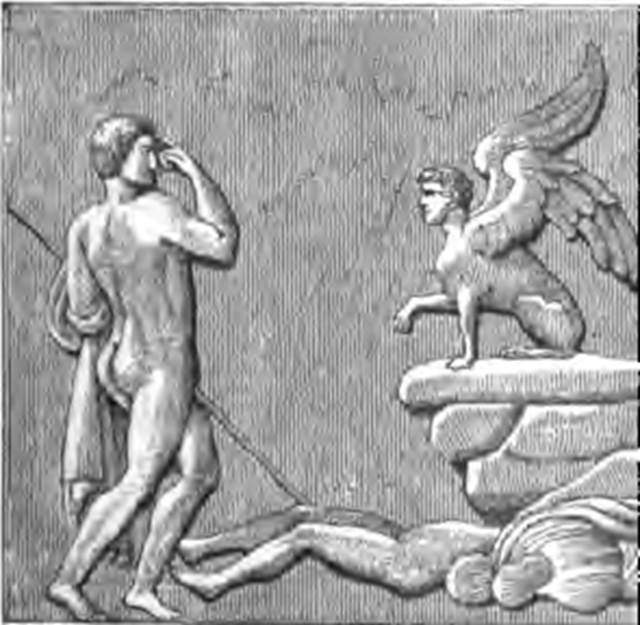 HGW20 Pompeii. 1884 drawing of stucco relief of Oedipus and the Sphinx from one of the small pilasters. See Overbeck J., 1884. Pompeji in seinen Gebäuden, Alterthümen und Kunstwerken. Leipzig: Engelmann. (p. 417, fig. 217).