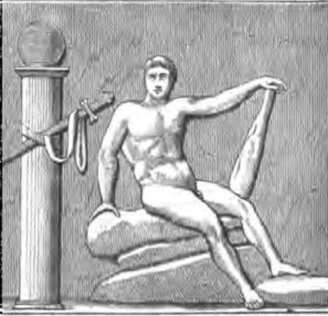 HGW20 Pompeii. 1884 drawing of stucco relief from one of the small pilasters. Possibly Theseus in the labyrinth after overcoming the Minotaur. See Overbeck J., 1884. Pompeji in seinen Gebäuden, Alterthümen und Kunstwerken. Leipzig: Engelmann. (p. 417, fig. 217).