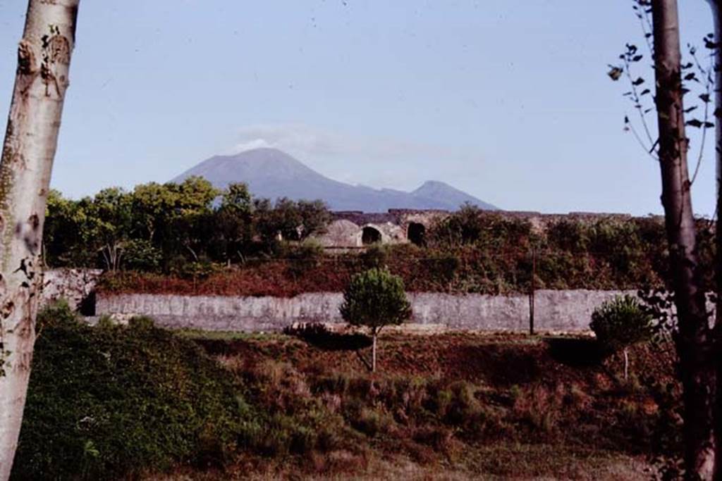 T4 Pompeii. Tower IV, on left, Pompeii. 1982 or 1983. Looking north towards city walls, ampitheatre above, and Vesuvius.   
Source: The Wilhelmina and Stanley A. Jashemski archive in the University of Maryland Library, Special Collections (See collection page) and made available under the Creative Commons Attribution-Non Commercial License v.4. See Licence and use details. J80f0483
