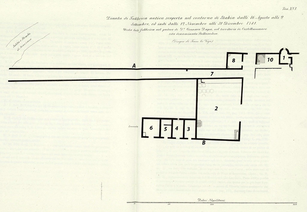 Stabia, Belvedere. 1782. Villa plan designed by Francesco La Vega.
See Ruggiero M., 1881. Degli scavi di Stabia dal 1749 al 1782, Naples. Tav. XVI.

