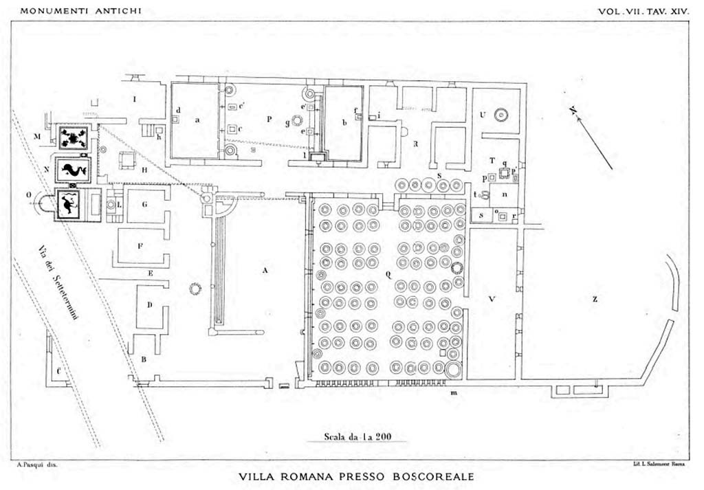 Villa della Pisanella, Boscoreale. 1897 plan of rooms by Pasqui.
See A. Pasqui A., La Villa Pompeiana della Pisanella presso Boscoreale, in Monumenti Antichi VII 1897, Tav. XIV, p.397-554.
