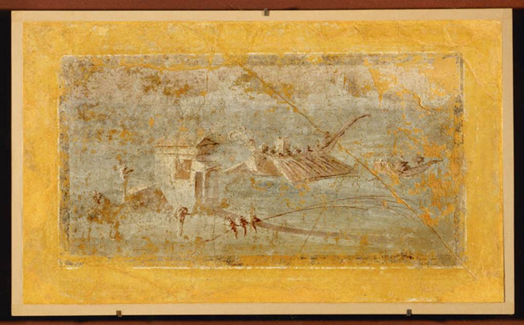 Villa rustica del fondo Ippolito Zurlo, Pompeii. 2005. Room B triclinium. East wall left yellow panel.
Painting of fishing with the net: three sailors are busy pulling the net while in the sea you could see two boats with oars. 
Size 0.32m high and 0.61m wide.
Now in the Louvre. Inventory number P25. 
Photo © RMN-Grand Palais (musée du Louvre) / Erich Lessing.
See Paysage Maritime on rmn.fr

