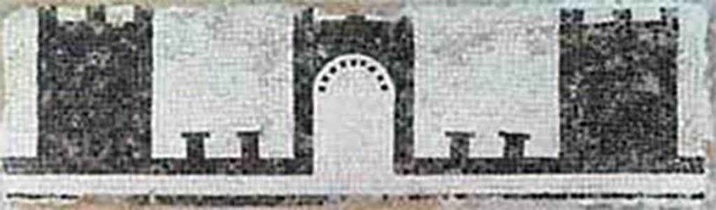 Villa of P. Fannius Synistor at Boscoreale. Small peristyle 15.
Part of a black and white mosaic pavement representing city walls, towers and gates.
Now in the Musée Royal de Mariemont, Morlanwelz, Belgium. Inventory Number B100.
http://www.musee-mariemont.be/
According to Barnabei, at the end of the corridor 4 was a small peristyle, 7m by 6m, which linked to the large peristyle by a doorway in its west wall. 
It had a floor of white mosaic, edged by a band of black mosaic which represented crenellated city walls with crenellated towers and gates.
According to Sambon, it measured 0.34m high by 1.02m wide.
See Sambon A, 1903. Les Fresques de Boscoreale. Paris and Naples: Canessa. 13, p. 10.
See Barnabei F., 1901. La villa pompeiana di P. Fannio Sinistore. Roma: Accademia dei Lincei. p.17.

According to Jashemski, [Garden C on her plan], opening off the large peristyle was a small peristyle courtyard with mosaic pavement, enclosed on three sides by a columned portico.
There were engaged columns on the fourth side. Barnabei’s plan shows a gutter around the edges of the courtyard. 
This courtyard was part of a small private bath complex and may have had potted plants.
See Jashemski, W. F., 1993. The Gardens of Pompeii, Volume II: Appendices. New York: Caratzas, (p.286, with plan on p. 285). 

Then one arrived at other rooms (nos. 16, 17, 18, 19) rooms connected with the baths. 
Given their communication with the small peristyle, underneath of which were the hypocaust supports, it seems that rooms 18 and 19, would have served for the warm bath or calidarium.
Adjacent were the rooms 20 and 21 that would have been the cold bath.
The first (no.20) was the apodyterium or changing room; the second (no.21) contained the cold bath or frigidarium.
See Barnabei F., 1901. La villa pompeiana di P. Fannio Sinistore. Roma: Accademia dei Lincei. p.17.
