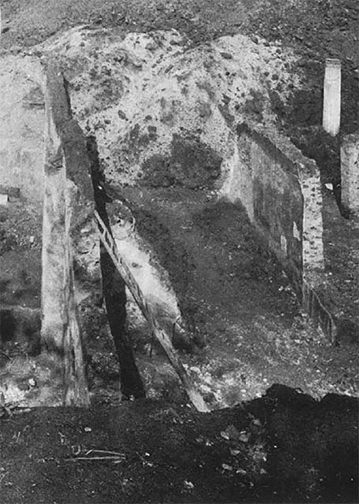 Villa of P. Fannius Synistor at Boscoreale. 
Room D. The room of the musical instruments during reburial in mid September 1900.
This room which by a small opening had access from the vestibule, had a wide doorway communicating with the peristyle. 
It was paved in white mosaic with double bands of black mosaic along the sides; and had a length of about six metres and twenty centimetres, and the width of just over four and a half metres.
It had the decoration mimicking a portico formed with pilasters, and with painted green garlands of foliage and pinecones across its yellow background..
This appeared to be a room that seemed to have been intended solely for storage of musical instruments.
These could be seen painted life-size on its walls, with flutes, cymbals, a trumpet and a pan-pipe, all at eye-level on the walls.  
These were the instruments of cult of Dionysus, which had accompanied the orgiastic dance.
See Barnabei F., 1901. La villa pompeiana di P. Fannio Sinistore. Roma: Accademia dei Lincei. p. 36-38.
