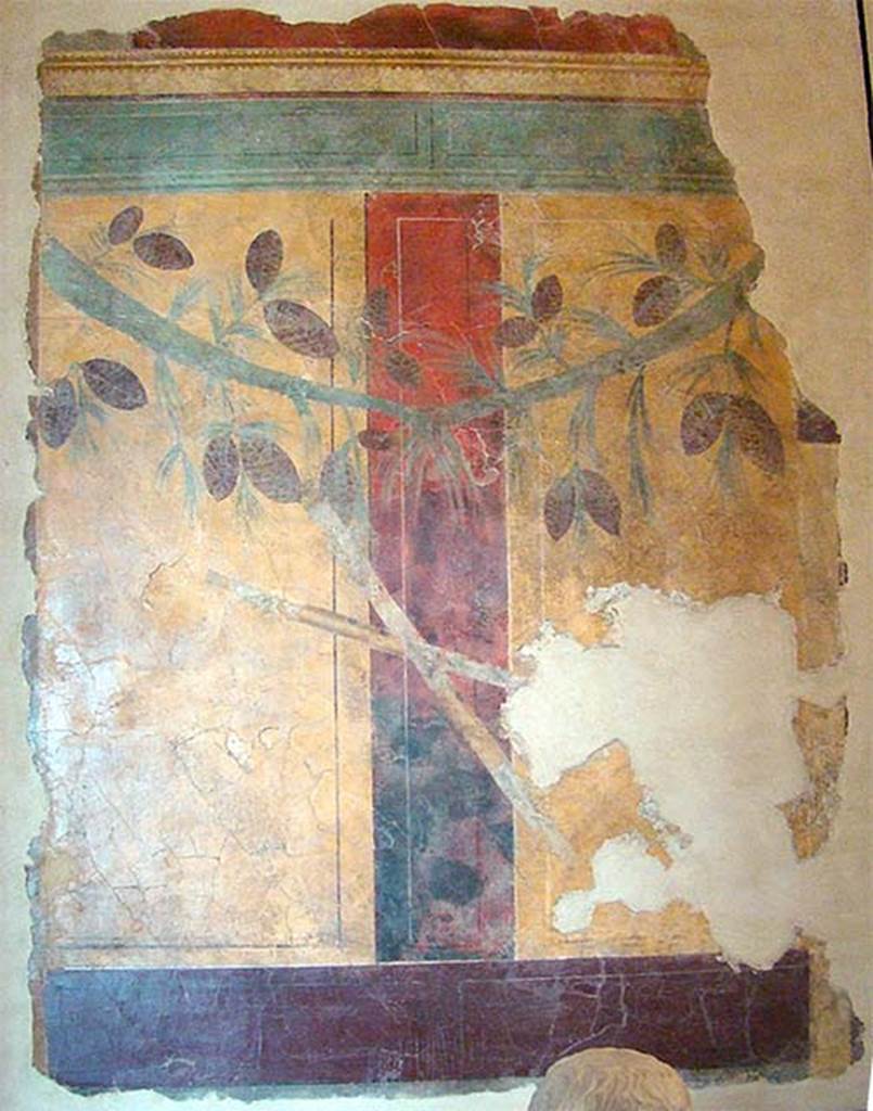 Villa of P Fannius Synistor at Boscoreale. Room D. The room of the musical instruments. According to Sambon, the wall panels had pine branches to which were attached musical instruments. He lists flutes, cymbals, crotales (small pair of cymbals), a syrinx (pan pipes), etc. This panel is from the centre of a wall. It was the only one conserved. Two yellow panels are separated by a red stripe. A garland is composed of two pine branches laden with cones, and from the centre of which are suspended two crossed flutes.  The panel is 1.80m high by 1.26m wide. Now in the Louvre. Inventory Number P100.