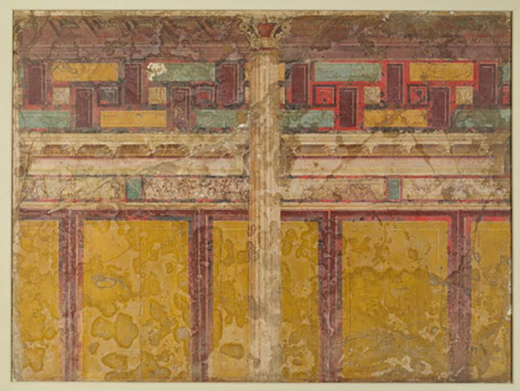 Villa of P. Fannius Synistor at Boscoreale.  Dressing room I of the large triclinium, west wall.
Part of the painted architectural decoration from the west wall.
The complete panel measured 2.12m by 3.13m.
Now in the Muses royaux d'art et d'histoire de Bruxelles, Belgium. Inventory number A.1928.
See http://www.kmkg-mrah.be/
