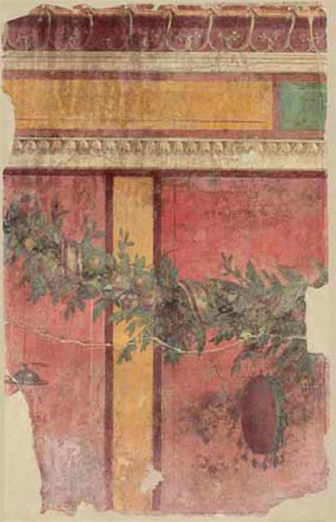 Villa of P. Fannius Synistor at Boscoreale. Room L, tablinum, east wall. 
Panel with garland, red panels with yellow dividing bars, yellow and green blocks with cornice above. 
The left hand panel has a cymbalum (small cymbal) and a tympanum (tambourine drum) is on the right.
Now in the Muse de Picardie, Amiens, France. See http://amiens.fr/votre_vie_quotidienne/vie_culturelle/musees_damiens/musee_de_picardie.html
