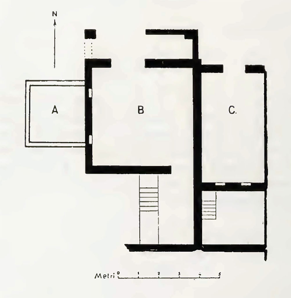 Scafati. Contrada Murecine, Fondo Malerba. 1900. Plan of the villa excavated by Signora Maria Liguori.
See Notizie degli Scavi di Antichità, 1900, p. 204.
