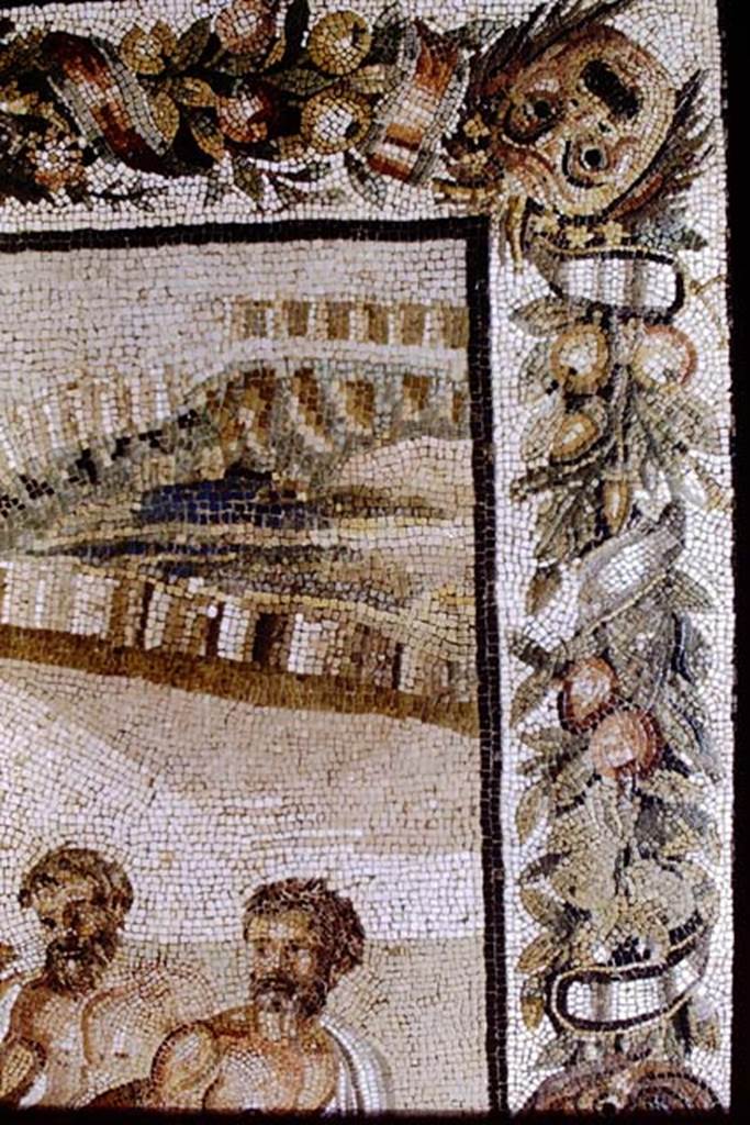 Villa of T. Siminius Stephanus, fondo Masucci-D'Aquino. Mosaic of the Academy of Plato (Dell’accademia Platonica). 1968.  Detail from “top-right” of mosaic. Photo by Stanley A. Jashemski.
Source: The Wilhelmina and Stanley A. Jashemski archive in the University of Maryland Library, Special Collections (See collection page) and made available under the Creative Commons Attribution-Non Commercial License v.4. See Licence and use details. J68f1049
