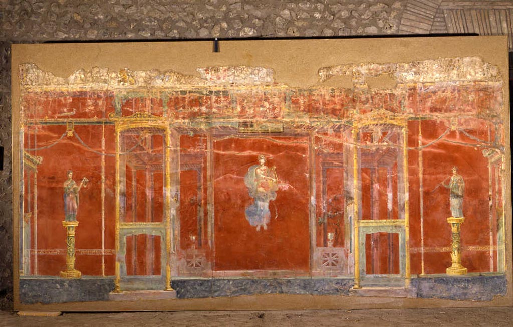 Complesso dei triclini in località Moregine a Pompei. Triclinium A, north wall, Apollo with muses Clio with a scroll and Euterpe with a double flute.