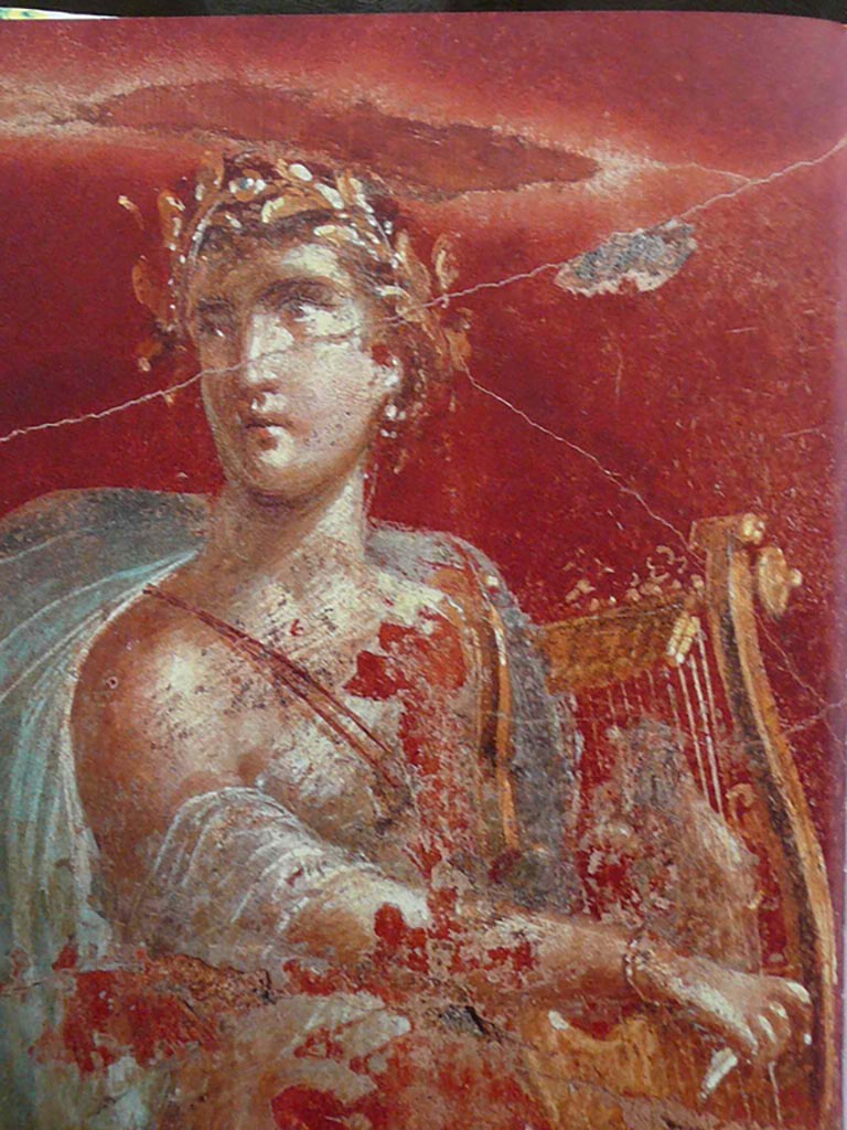 Complesso dei triclini in località Moregine a Pompei. April 2019. Triclinium A, north wall, detail of Apollo with cithara. Photo courtesy of Rick Bauer.