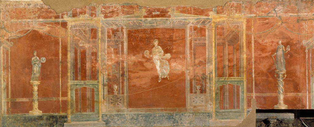Complesso dei triclini in località Moregine a Pompei. Triclinium A, east wall with the muses Melpomene, Thalia and Urania.