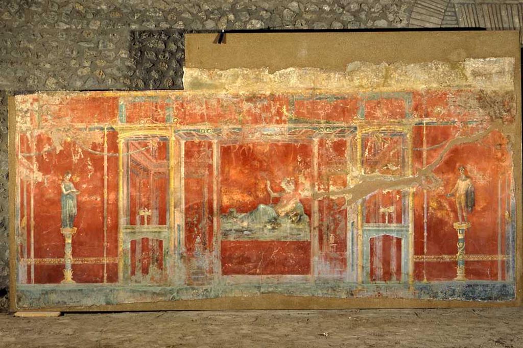 Complesso dei triclini in località Moregine a Pompei. Triclinium C, north wall. The river god Sarno is centre with robed female and nude male offer-bearers.