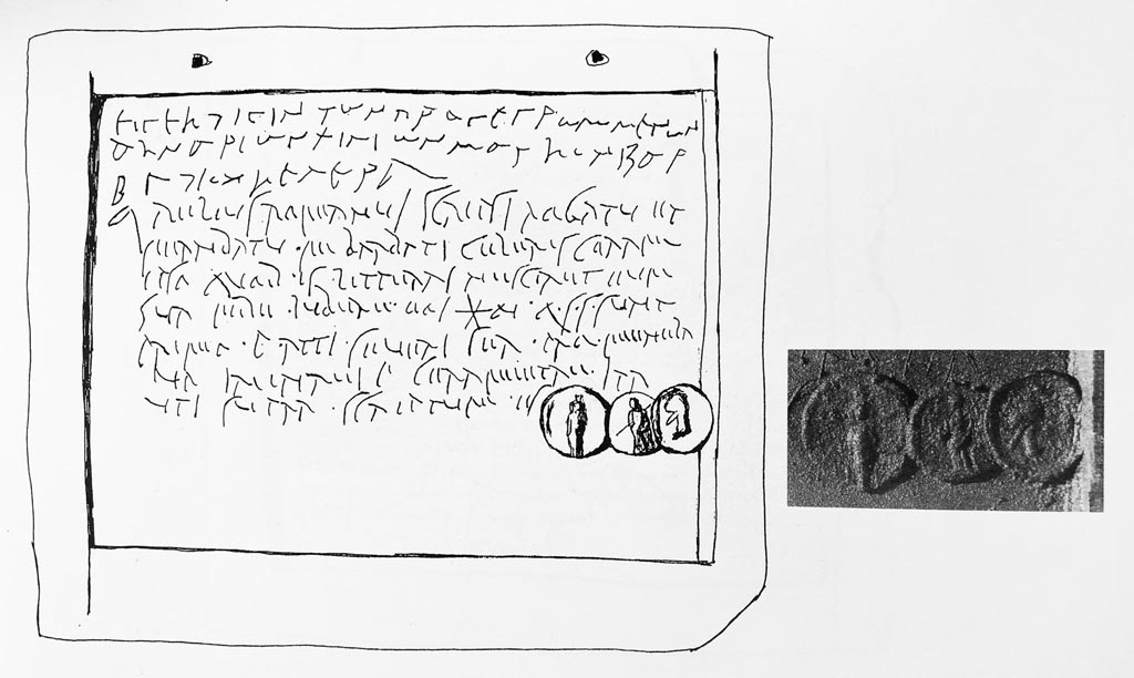 Complesso dei triclini in località Moregine a Pompei. Drawing of one of the wax tablets and seals.
Photo courtesy of Sophie Hay.
See Camodeca, G., 1999. Tabulae Pompeianae Sulpiciorum. Edizione critica dell’archivio puteolano dei Sulpicii.
