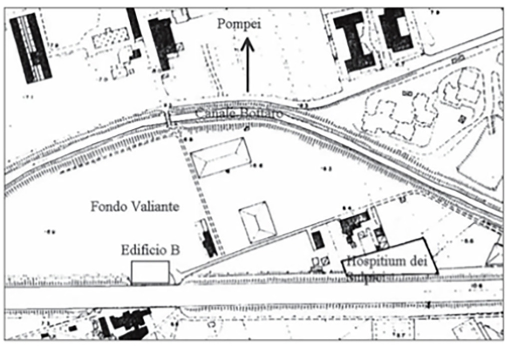 Pianta topografica della località Murecine. Edificio B e Hospitium dei Sulpici. 
About 100m to the west of the triclinium complex, still standing on the right bank of the river Sarno, a second building was discovered [in 2000-2001].
In this various caupona were still functional: in a small room in one of them the skeletons of two adult and three very young women were found, among them a girl of fourteen and another of four years old.
See Nappo, S. C., 2012. L’edificio B di Murecine a Pompei. Un esempio di architettura ricettiva alla foce del Sarno in Rivista di Studi Pompeiani, Vol. XXIII, p.91 fig. 3.
See Guzzo, P., 2003. Tales from an eruption. Milano, Electa, p. 169. 

