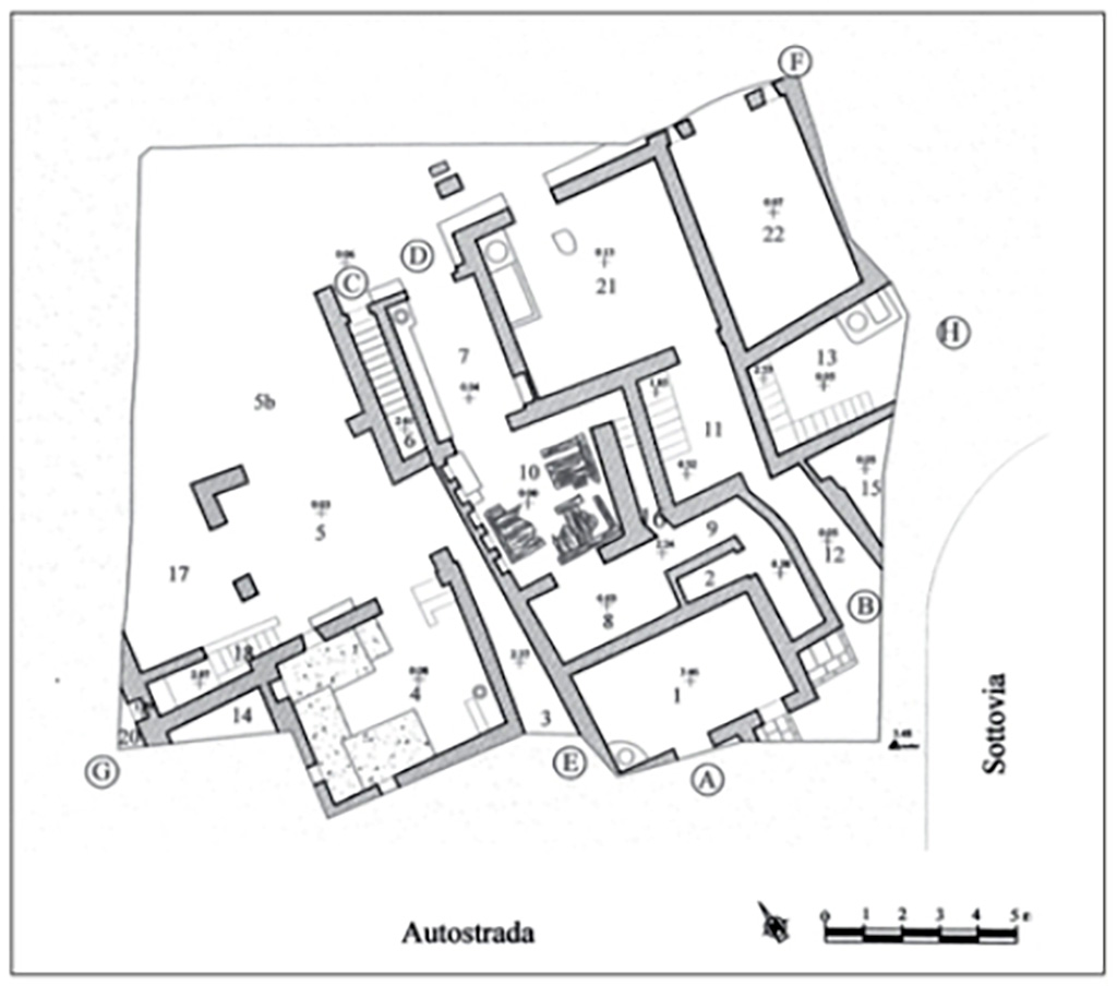 L’edificio B di Murecine a Pompei. Pianta. Plan of Murecine building B.
The Murecine building B, excavated in 2000-2001, lies on the northern bank of the river Sarno at nearly 600 meters southwards from Porta Stabia in Pompeii. The building, with an upper floor, is the result of a complex building history begun at I Style times. It appears to be divided in many little properties with different dimensions and characteristics that, thanks to the numerous triclinia, seem to be destined to the function of cauponae strictly linked with trades and businesses that had place along the river. Among the most important findings the fresco with souvetaurilia and the armilla with the writing DOM(I)NUS ANCILLAE SUAE need to be emphasized.
See Nappo, S. C., 2012.: Un esempio di architettura ricettiva alla foce del Sarno in Rivista di Studi Pompeiani XXIII, p. 89, p. 91 fig. 4.

