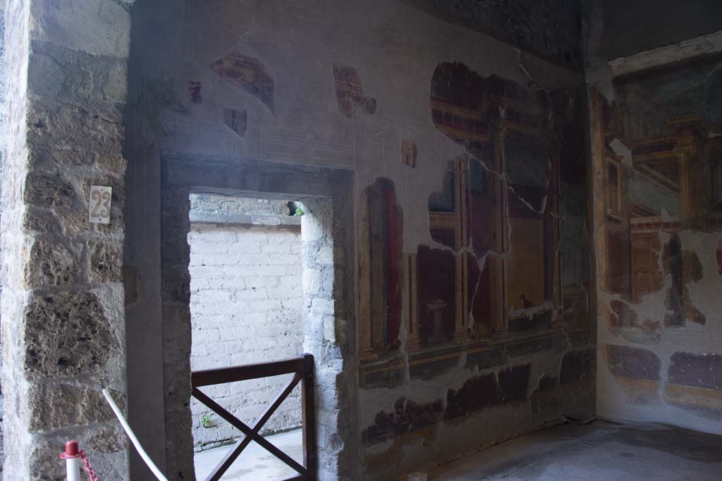 Oplontis Villa of Poppea, March 2014. Room 23, looking towards south wall with small doorway to corridor. 
Foto Annette Haug, ERC Grant 681269 DÉCOR.
