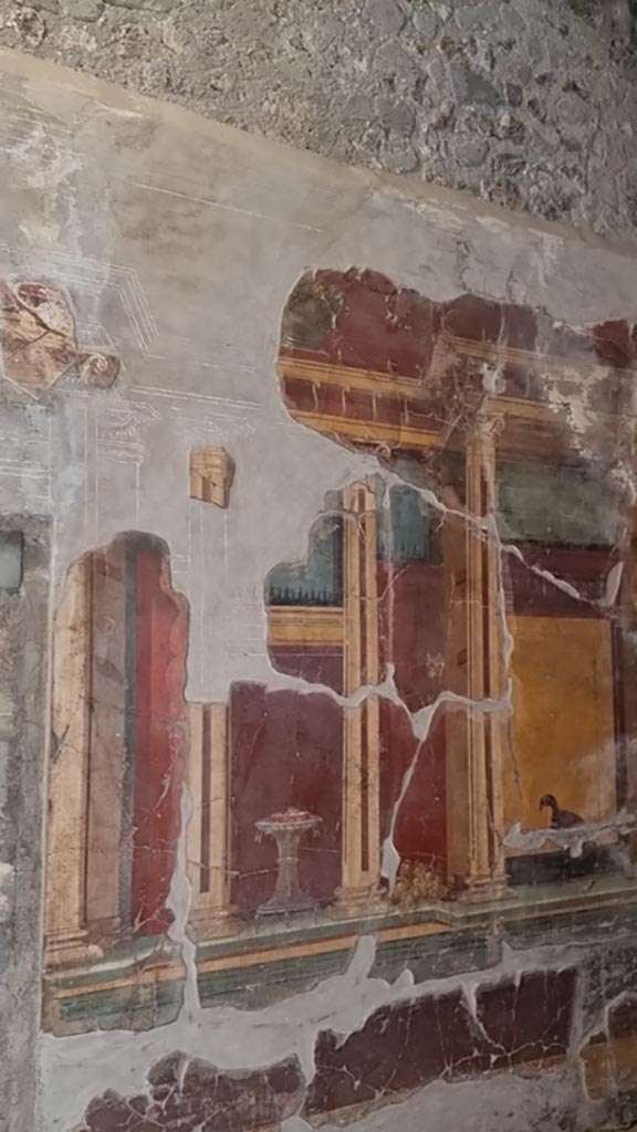 Oplontis Villa of Poppea, January 2023. 
Room 23, detail from south wall. Photo courtesy of Miriam Colomer.
