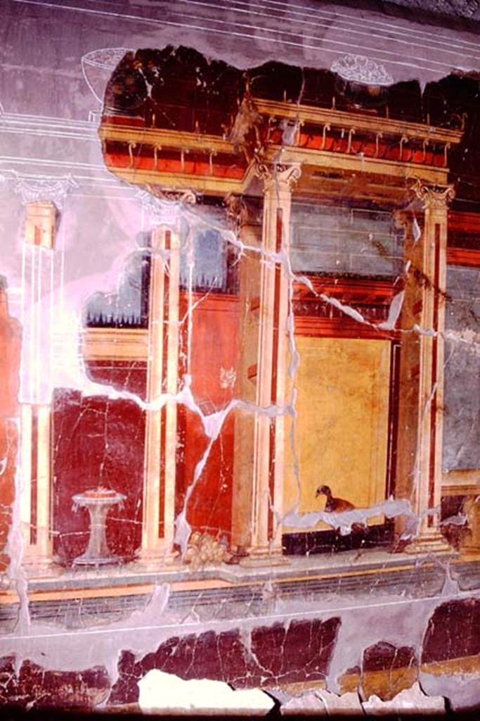 Oplontis, 1974. Room 23, painted side wall. At the top of the walls are the painted glass bowls, still being reconstructed. Photo by Stanley A. Jashemski.   
Source: The Wilhelmina and Stanley A. Jashemski archive in the University of Maryland Library, Special Collections (See collection page) and made available under the Creative Commons Attribution-Non Commercial License v.4. See Licence and use details. J74f0654
