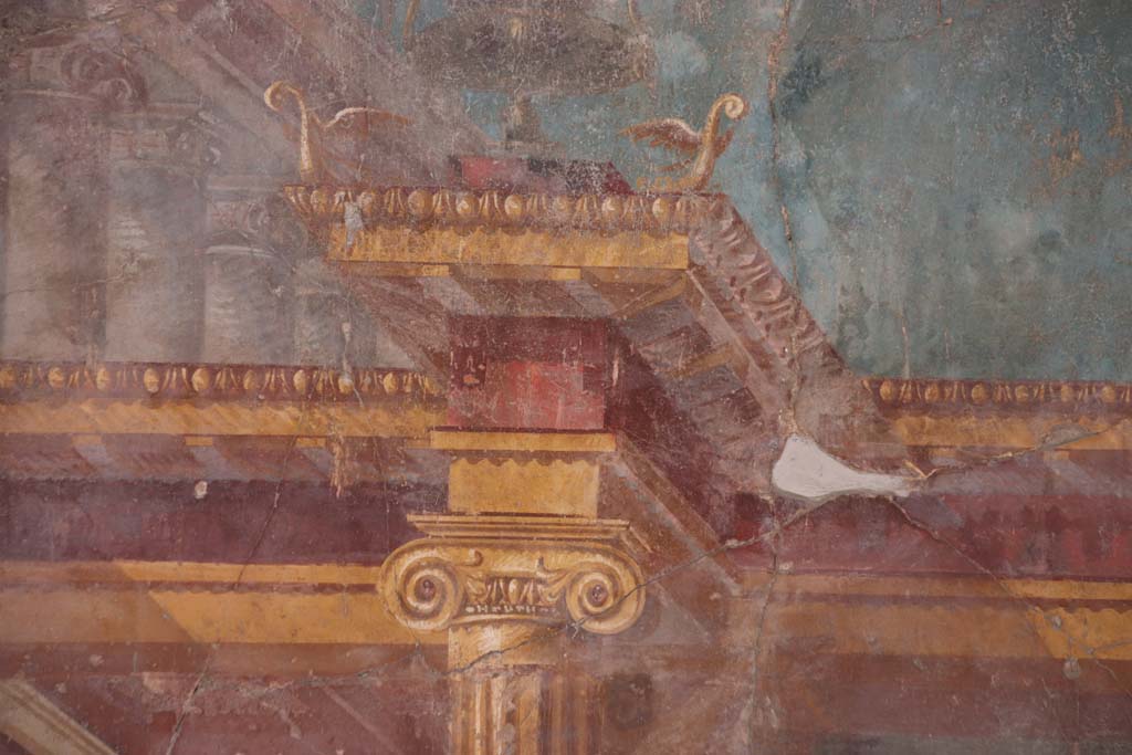 Oplontis Villa of Poppea, September 2021. Room 23, detail from upper west wall at south end. Photo courtesy of Klaus Heese.