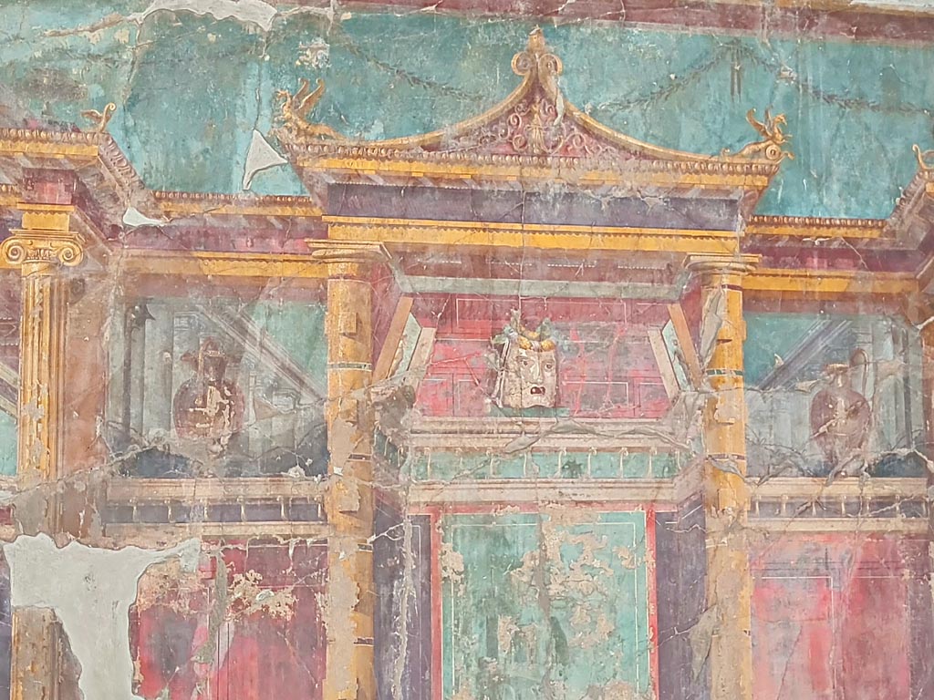Oplontis Villa of Poppea, October 2023. Room 23, detail from centre of upper west wall. Photo courtesy of Giuseppe Ciaramella. 