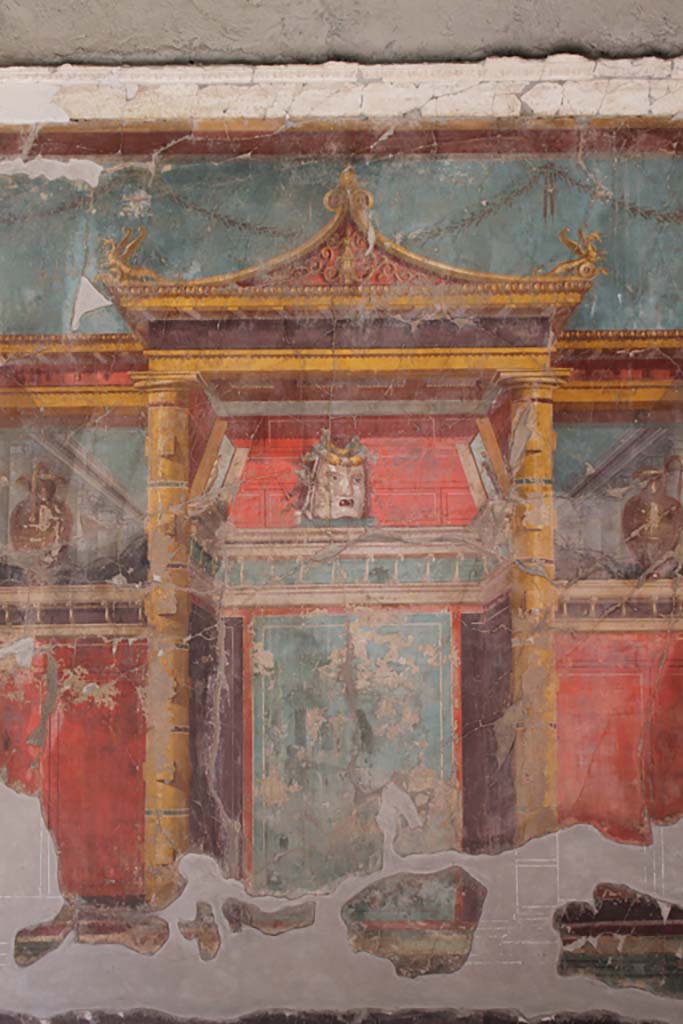 Oplontis Villa of Poppea, March 2014. Room 23, detail from centre of west wall.
Foto Annette Haug, ERC Grant 681269 DÉCOR.

