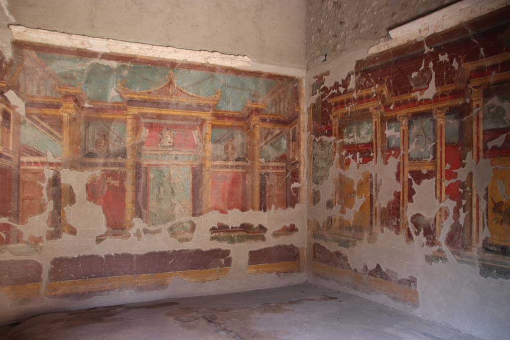 Oplontis Villa of Poppea, September 2021. 
Room 23, looking towards west wall, and north-west corner. Photo courtesy of Klaus Heese.
