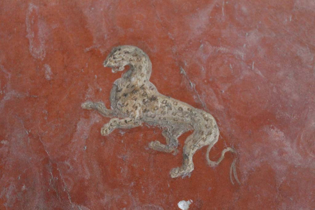 Oplontis Villa of Poppea, March 2014. Room 66, detail of leopard from panel at west end of north wall.
Foto Annette Haug, ERC Grant 681269 DÉCOR.
