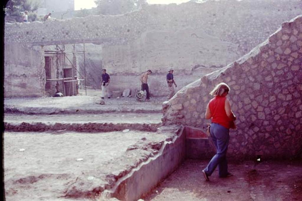 Oplontis, 1977. On the left is room 58, with its root cavities, on the right is room 57 with its remaining black and red painted plaster. Looking east. At the rear, across the garden, is the doorway to room 69. Photo by Stanley A. Jashemski.   
Source: The Wilhelmina and Stanley A. Jashemski archive in the University of Maryland Library, Special Collections (See collection page) and made available under the Creative Commons Attribution-Non Commercial License v.4. See Licence and use details. J77f0293

