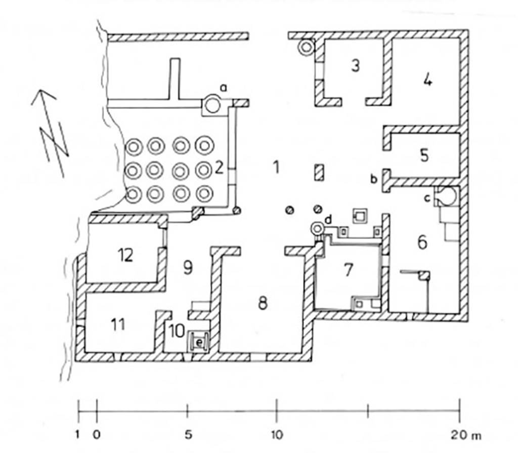Gragnano, Villa rustica in Località Carmiano, Villa A. 1985 plan after Kockel, M. 1 : 250.
See Kockel V., 1985. Funde und Forschungen in den Vesuvstadten 1: Archäologischer Anzeiger, Heft 3. 1985, n. 97, p. 536f, abb. 24.
[Note: We have not used these room numbers in reference to this villa’s photos, but have included this plan here for clarity when reading the descriptions by Kockel.]

1:   Courtyard with portico
2:   Cella Vinaria with 12 dolia
3:   Cubiculum
4:   Cubiculum
5:   Not mentioned
6:   Kitchen with large oven
7:   Torcularium with drain directly into a Dolium.
8:   Triclinium
9:   Not mentioned
10: Not mentioned
11: Cubiculum
12: Cubiculum

