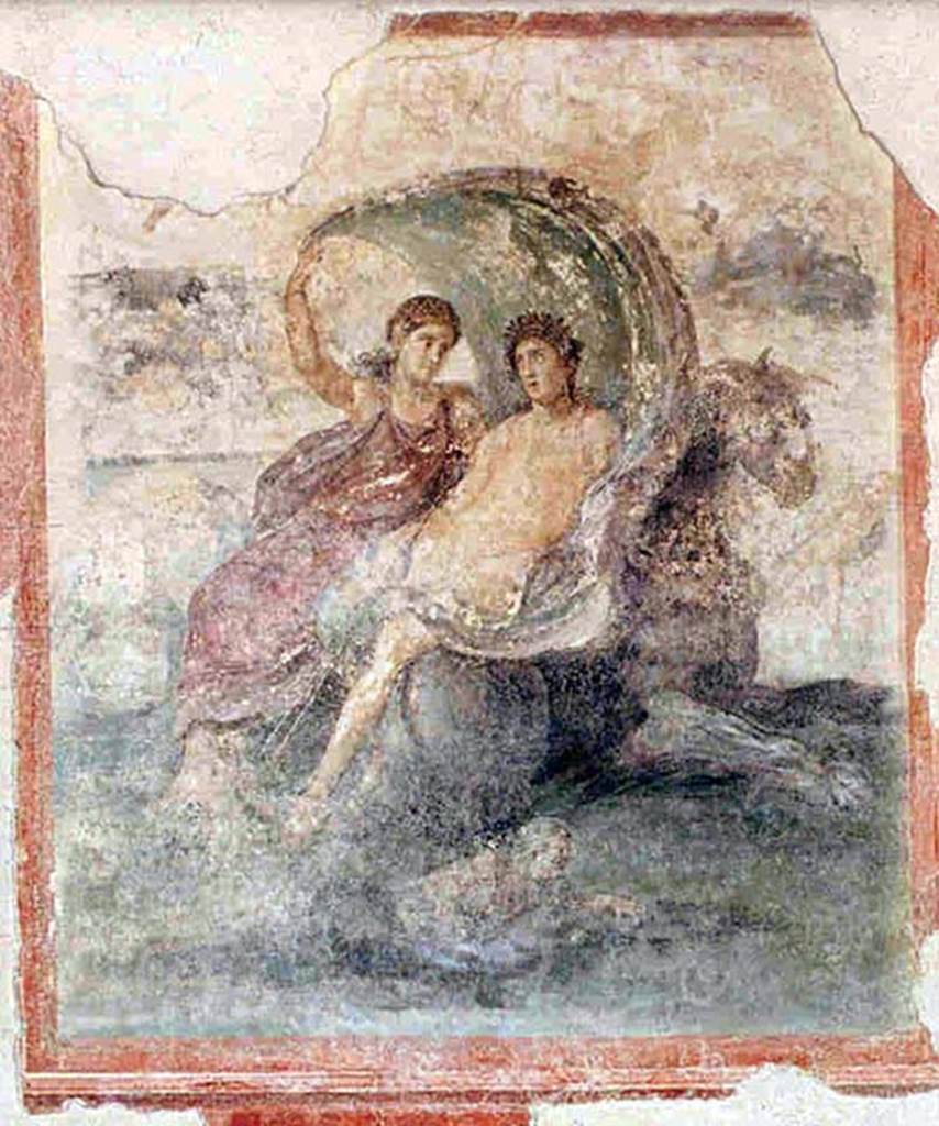 Gragnano, Villa rustica in Località Carmiano, Villa A. Triclinium 1. 
East wall, with fresco of Bacchus and Ceres astride a hippogryph.
See Bonifacio G., 2004. In Stabiano: Exploring the Ancient Seaside Villas of the Roman Elite. Castellamare: Nicola Longobardi, p. 71.
According to Croisille, Bacchus and Ceres travel the world on the marine horse's back to offer their gifts to the people. The nearly naked feminine coloured body of the young god contrasts the flowing garment of the goddess and the sail, inflated by the wind, forms a canopy over the group. 
See Croisille J. M., 1966. Les Fouilles archéologiques de Castellammare: Latomus XXV, 1966, p. 253, Pl. IX fig. 13.
