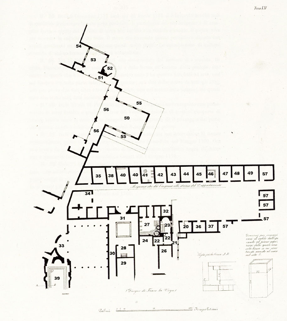 Stabiae, Villa del Pastore. 1775-8 plan of western part of the villa by Francesco La Vega.
See Ruggiero M., 1881. Degli scavi di Stabia dal 1749 al 1782, Naples, pl. VII.
