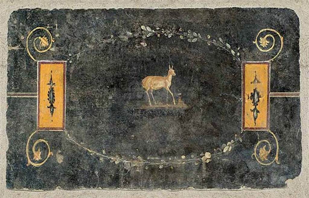 Stabiae, Secondo Complesso, zoccolo from a wall in Room 17. In the centre is a roe deer.
SAP inventory number 64246.

