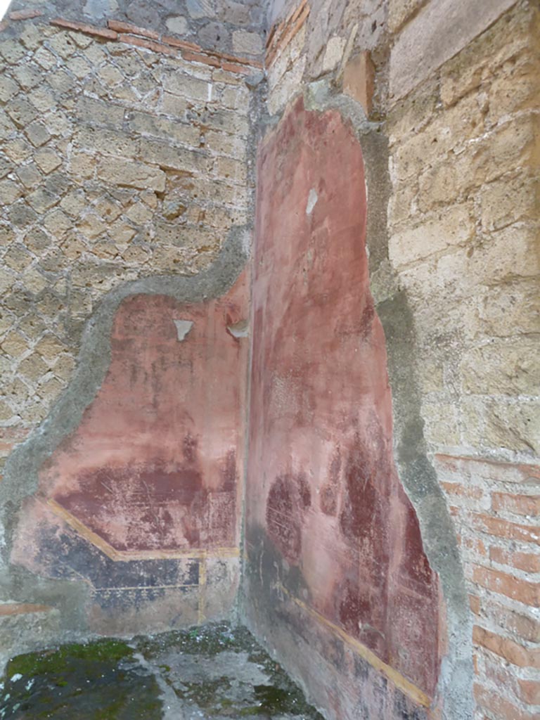 Stabiae, Villa Arianna, September 2015. 
Room G, south-east corner with remains of painted walls above steps.
