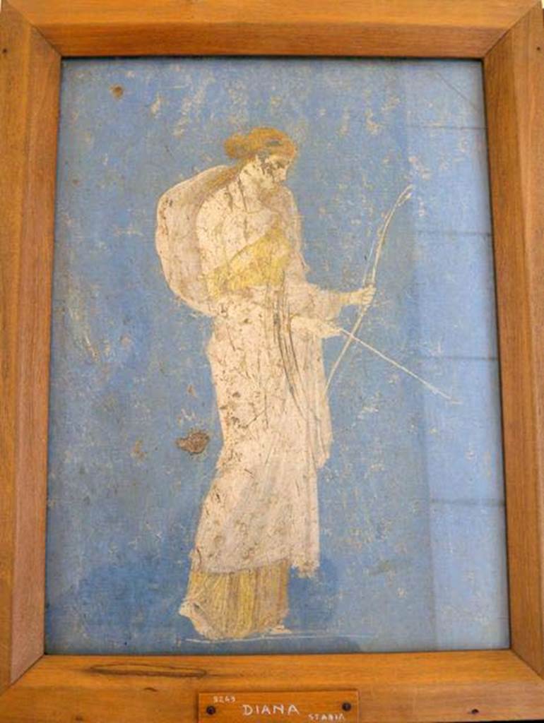 Stabiae, Villa Arianna, found 8th August 1759. Room W.26. 
Wall painting of Diana with a bow and arrow.
Now in Naples Archaeological Museum. Inventory number 9243.
