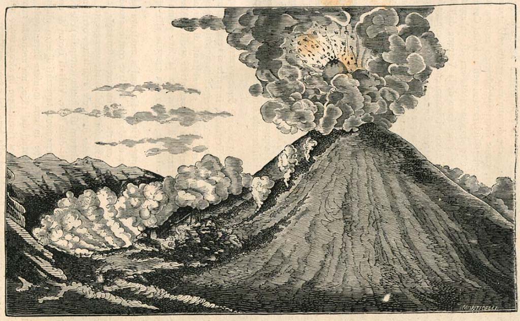 Vesuvius eruption 1850. 1880 drawing by Luigi Palmieri.
See Palmieri L., 1880. Il Vesuvio e la sua storia. Milano: Tipografia Faverio, fig. 16.
See book on E-RARA
