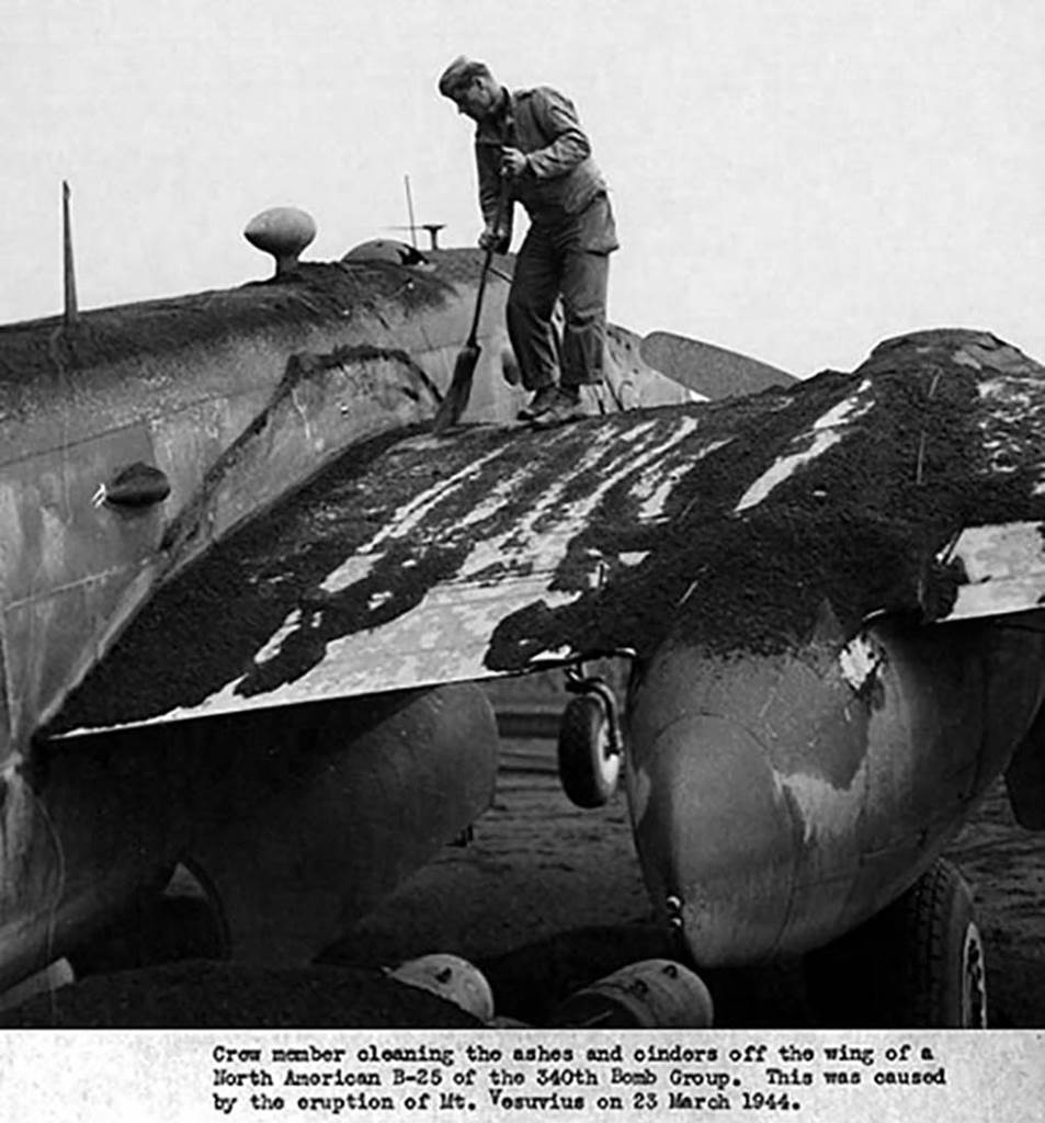 Vesuvius Eruption, 23rd March 1944. USAF 340th Bombardment Group B-25 Mitchell covered with ash from Eruption.