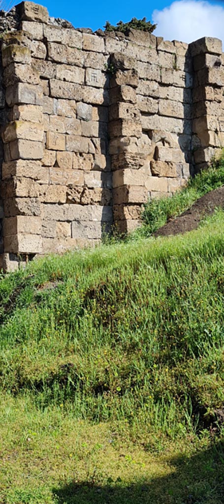 Tower XI and City Walls at end of Via di Mercurio, Pompeii. April 2022. 
Detail of interior of City Wall on east side of Tower. Photo courtesy of Giuseppe Ciaramella.


