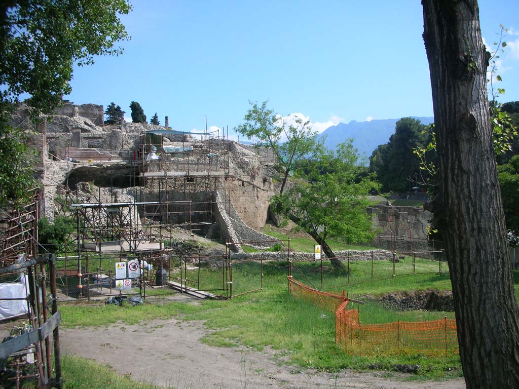Walls on west side of Pompeii. May 2010. Looking south towards rear lower level of VII.16.16. Photo courtesy of Ivo van der Graaff.