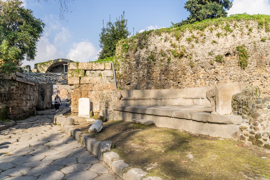 Porta Stabia, Pompeii. January 2023. South-east side of gate. 
Looking north to Cippus of L. Avianius Flaccus and Q. Spedius Firmus. Photo courtesy of Johannes Eber.
