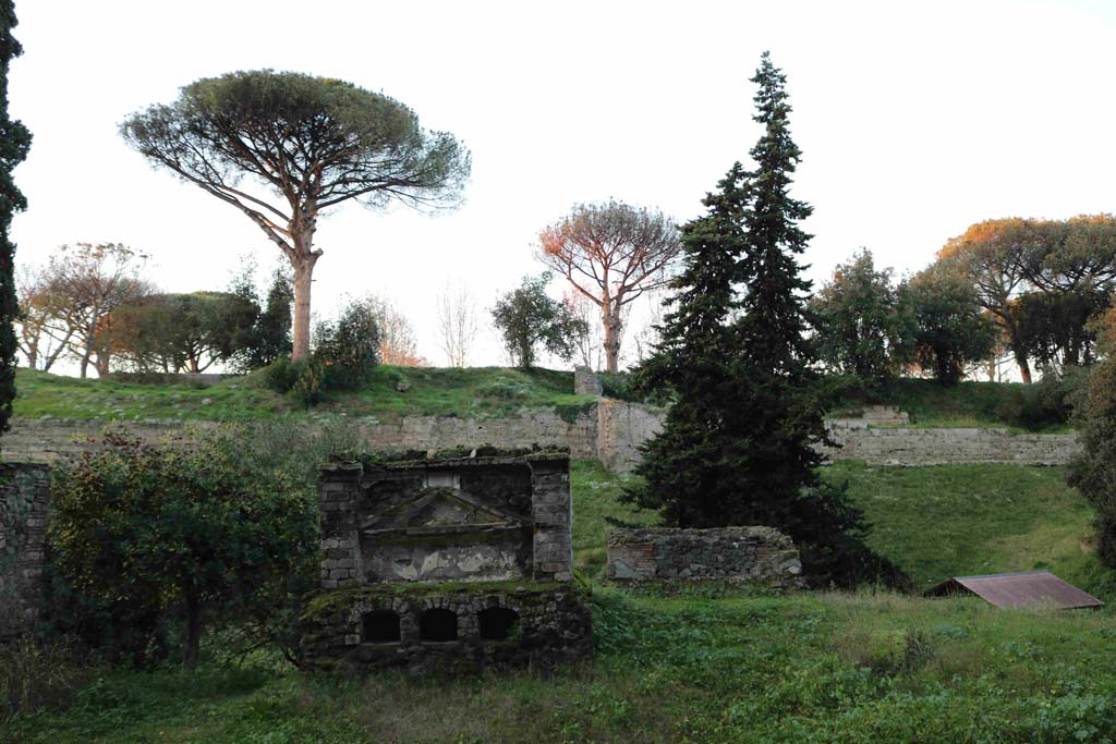 City walls from Via delle Tombe. December 2018. 
Walls at rear of tombs 30EN and 32EN, looking north towards Tower III, behind conifer, centre right. Photo courtesy of Aude Durand.

