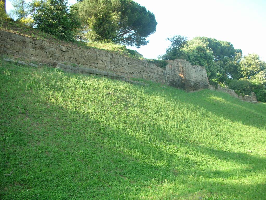 City Walls on south side, with Tower III. May 2011. Looking east along Walls towards Tower III. Photo courtesy of Ivo van der Graaff.
See Van der Graaff, I. (2018). The Fortifications of Pompeii and Ancient Italy. Routledge, (p.71-81 – The Towers).
