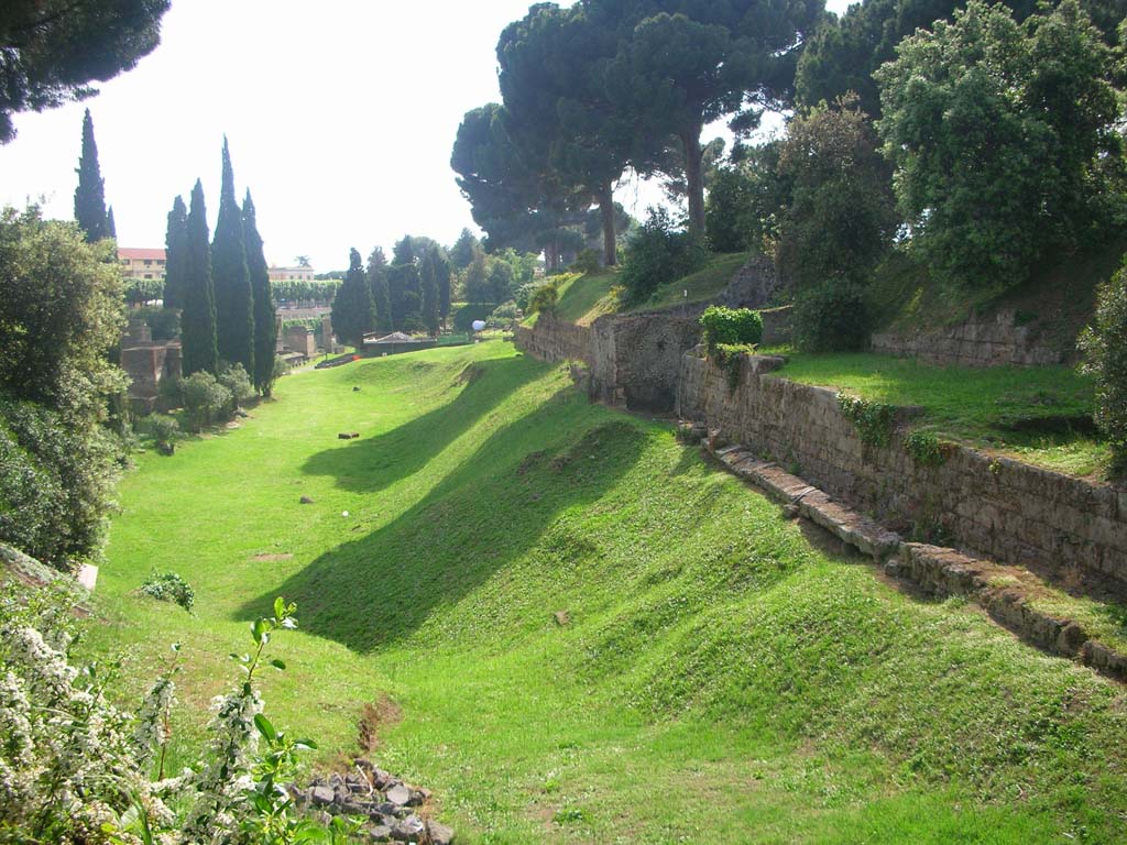 City Walls on south side of Pompeii. May 2010. 
Looking west towards Tower III, and area of Nocera Gate. Photo courtesy of Ivo van der Graaff.
