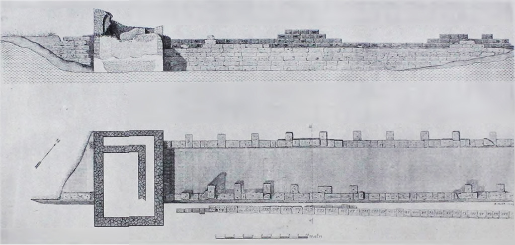 Plan and elevation of the curtain wall (south of the Palaestra).  
See Notizie degli Scavi di Antichità, 1939, (p.232-238), Fig. 42. 

