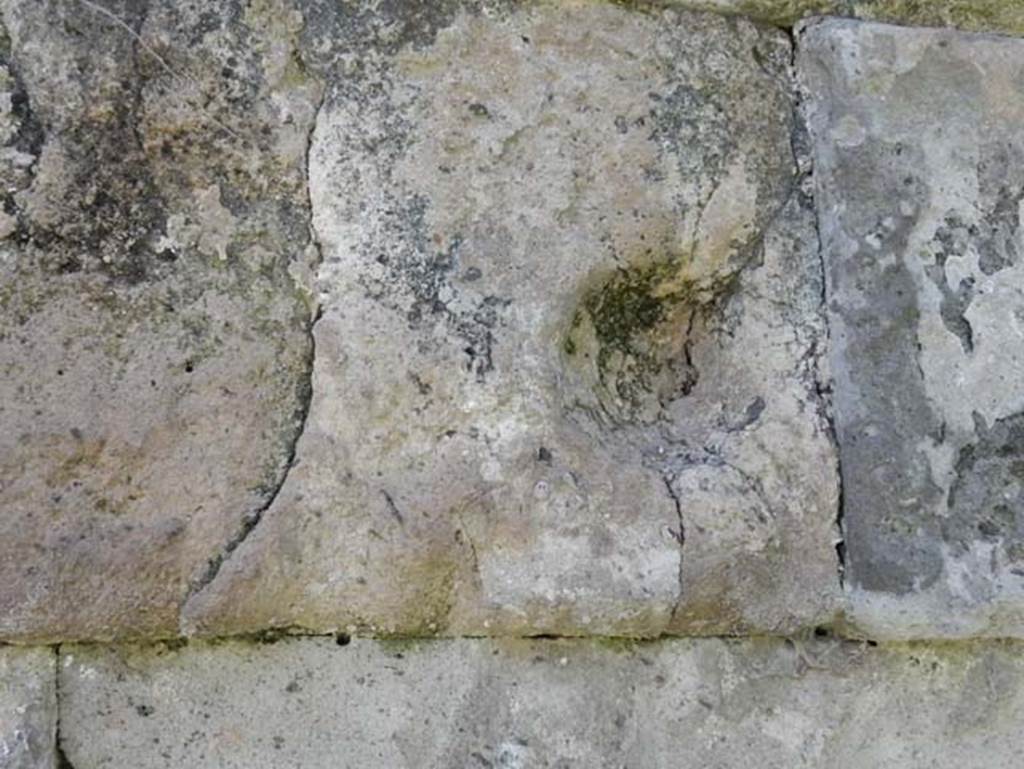 Walls near Tower X. May 2015. Detail of impression made by missile fired by Sulla. Photo courtesy of Buzz Ferebee.


