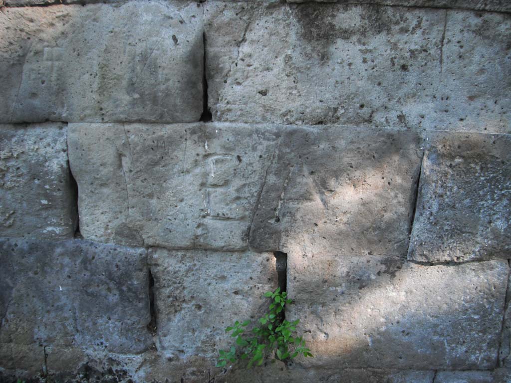 City Walls, Pompeii. June 2012. 
Wall blocks on north exterior wall on east side of Tower X. Photo courtesy of Ivo van der Graaff.



